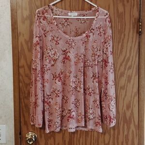 Floral Semi Sheer Scoop Neck Blouse - Pink